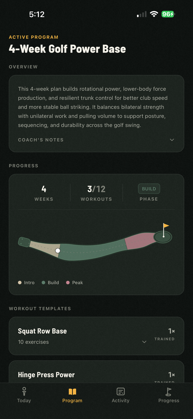 The Program tab drawing the training block as a yardage-book style course map with phases