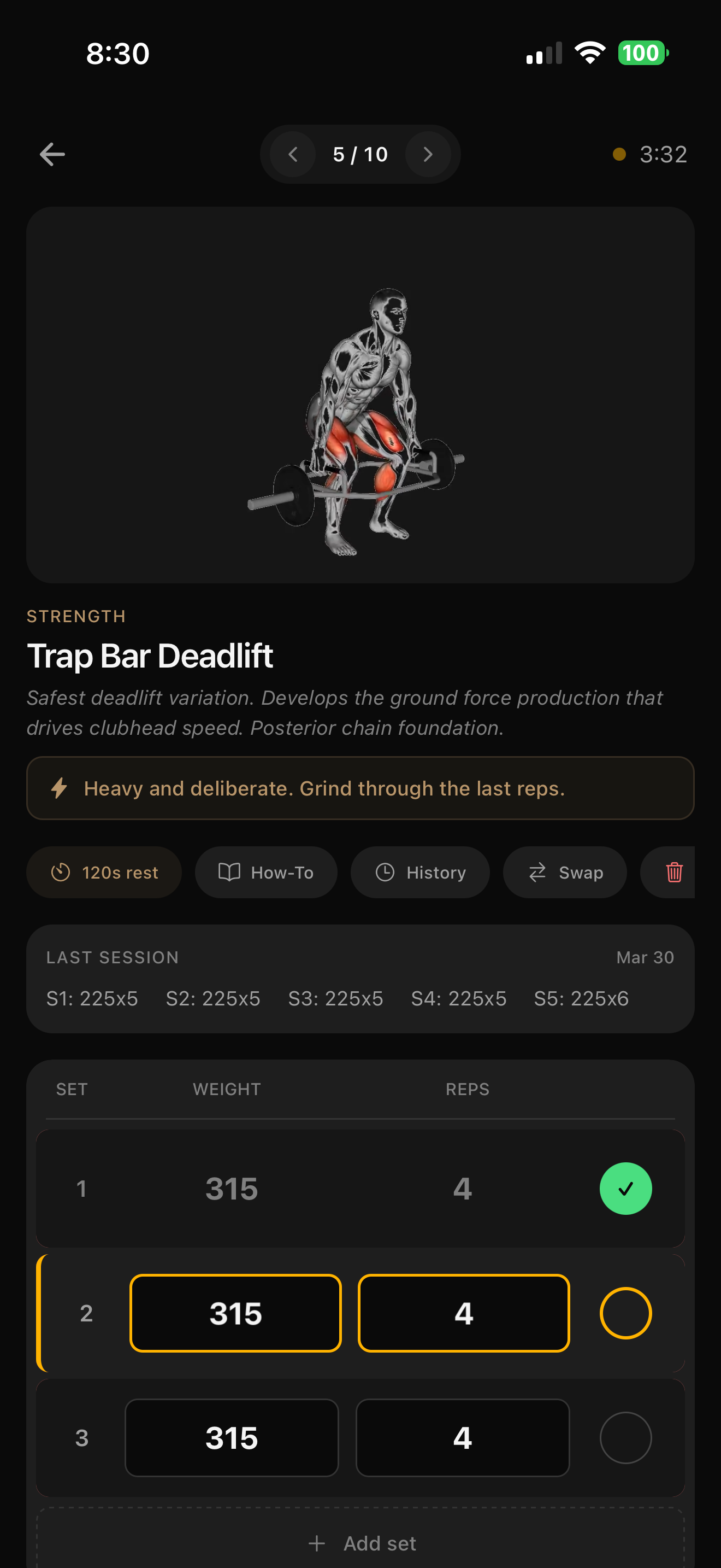GolfBod app showing workout logging with trap bar deadlift and exercise illustration
