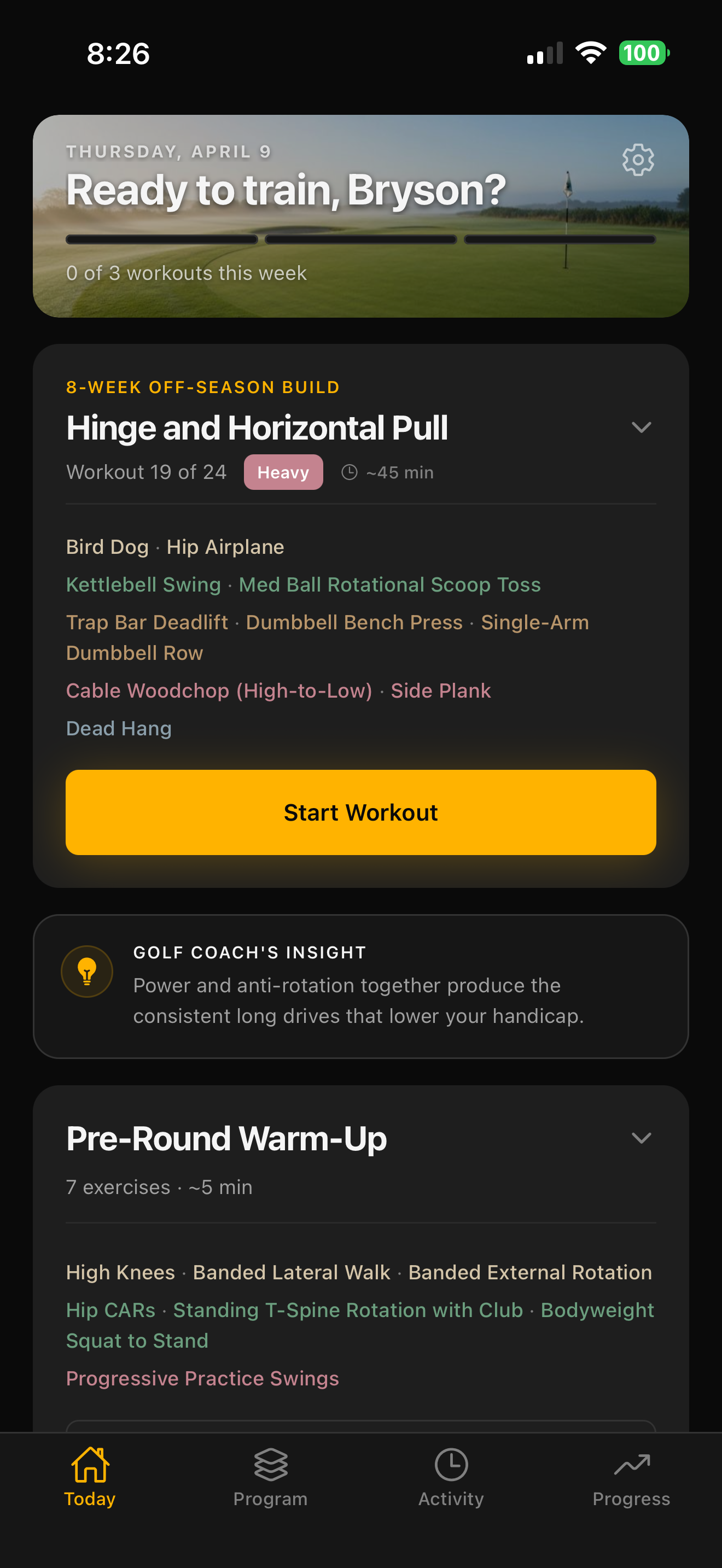 GolfBod app showing a periodized training program with phase timeline and movement balance