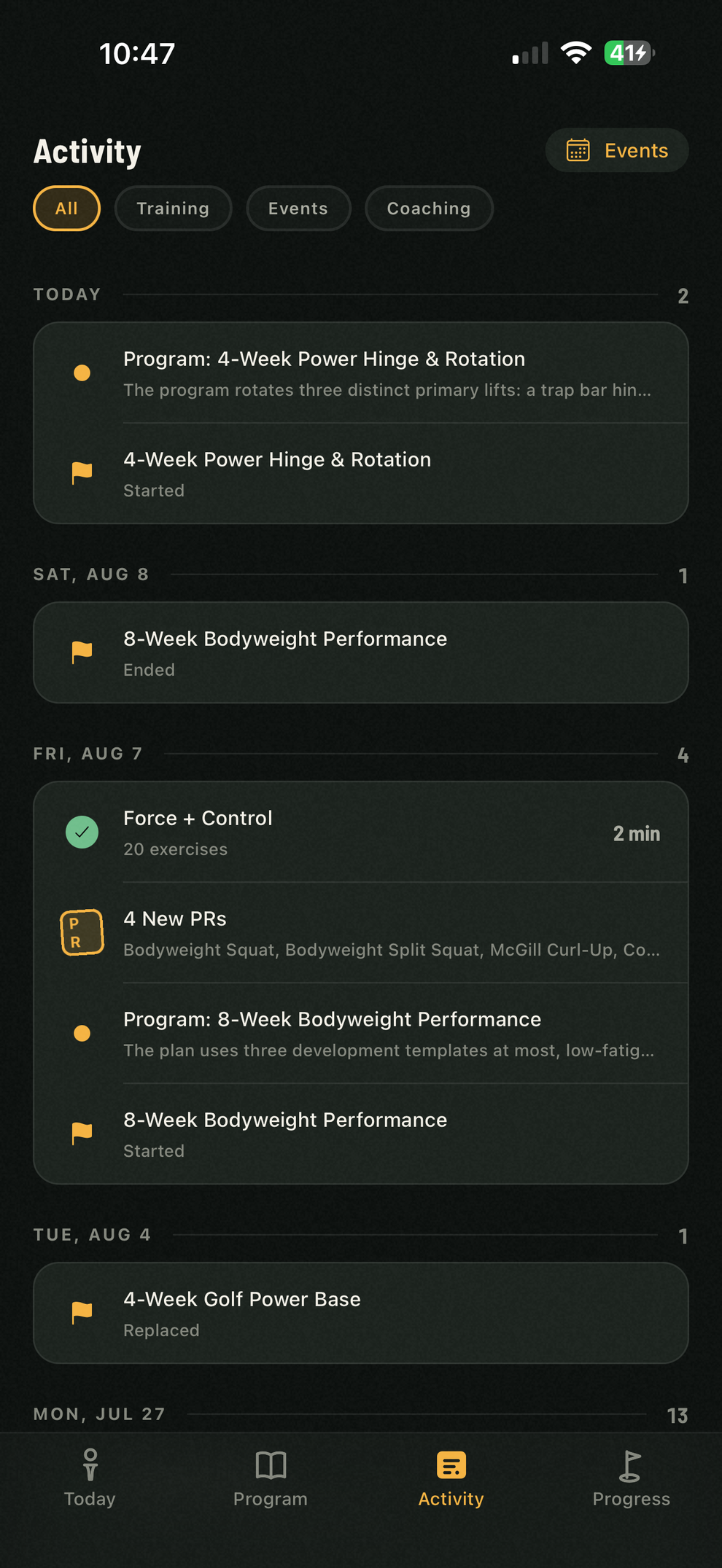 The Activity feed: program starts, completed workouts, and new personal records, dated