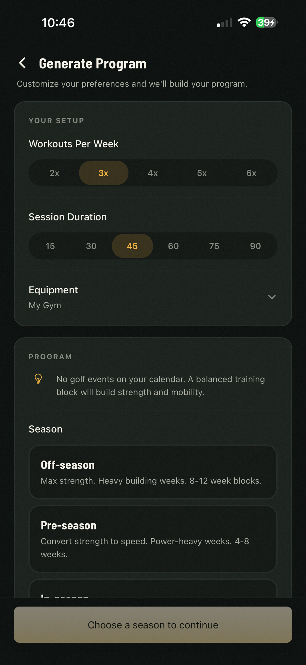 GolfBod's Generate Program screen: workouts per week, session length, equipment, and season