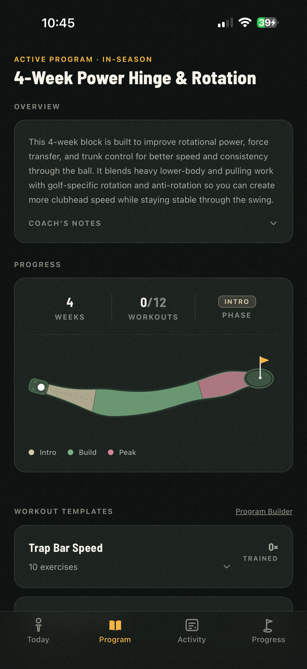 GolfBod's Program screen drawing the training block as a yardage-book fairway