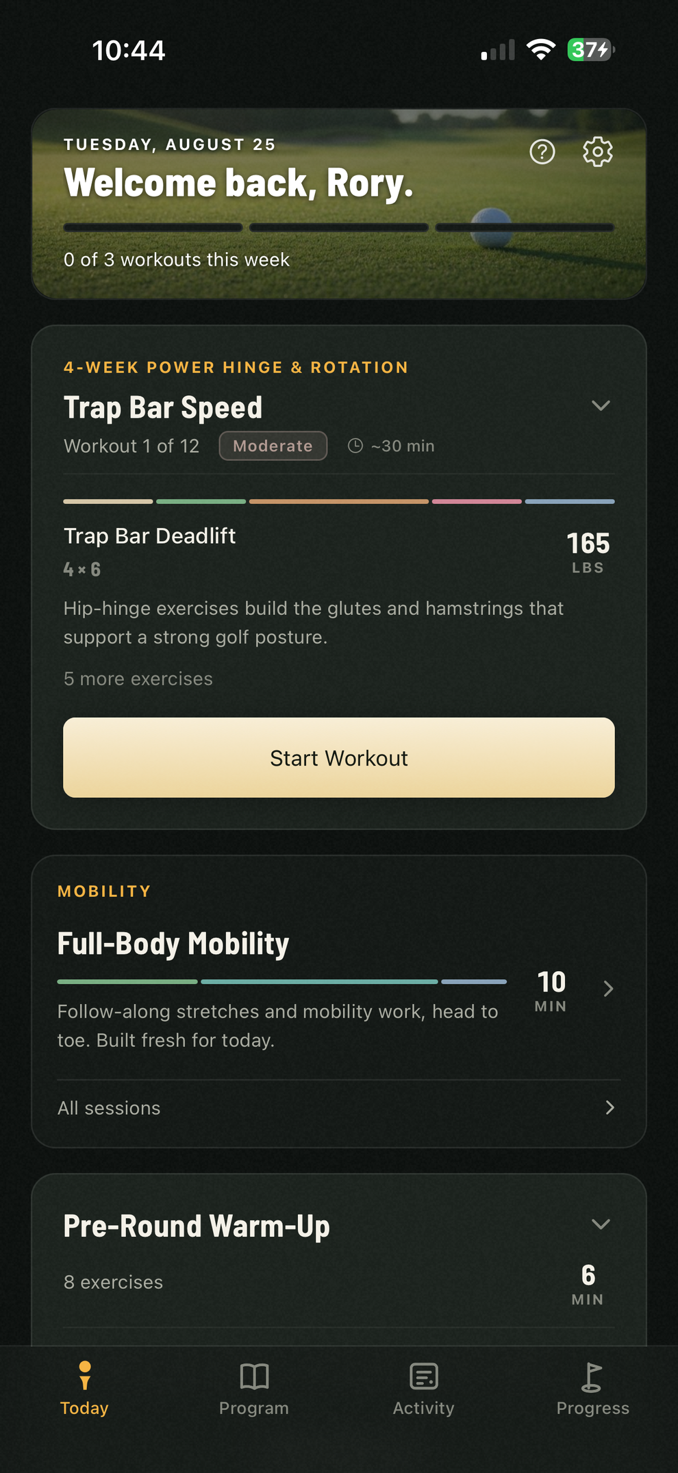 GolfBod's Today screen with the next workout, a mobility session, and the pre-round warm-up