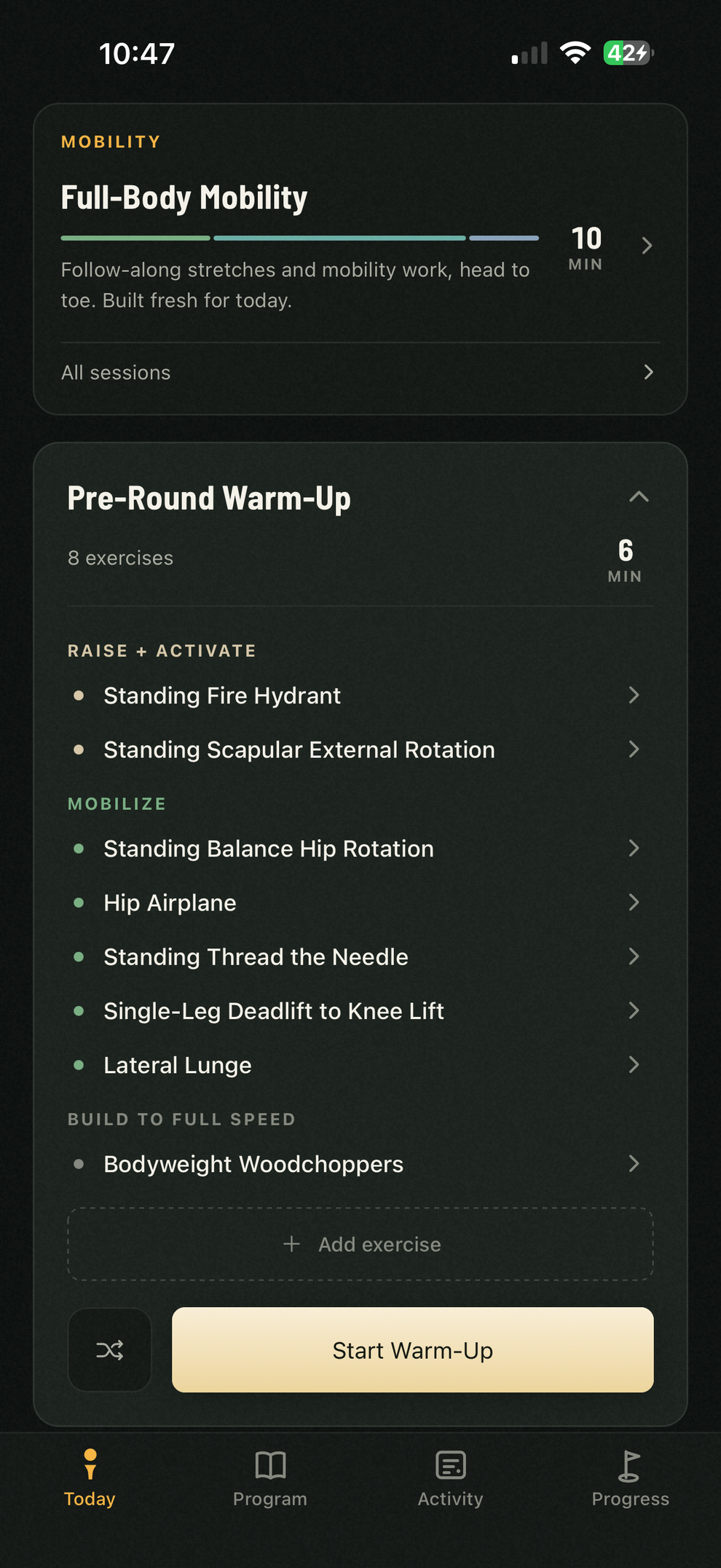 Today with the pre-round warm-up expanded: eight standing exercises in three stages, about six minutes