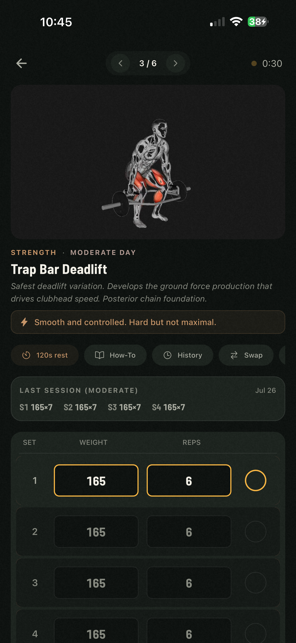 GolfBod's workout logging screen: a trap bar deadlift with last session's numbers above one-tap set rows